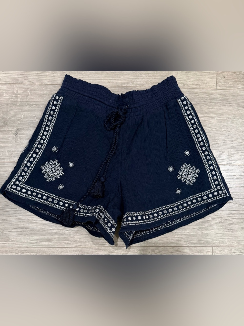 J. Crew Navy Embroidered High-Waist Drawstring Shorts